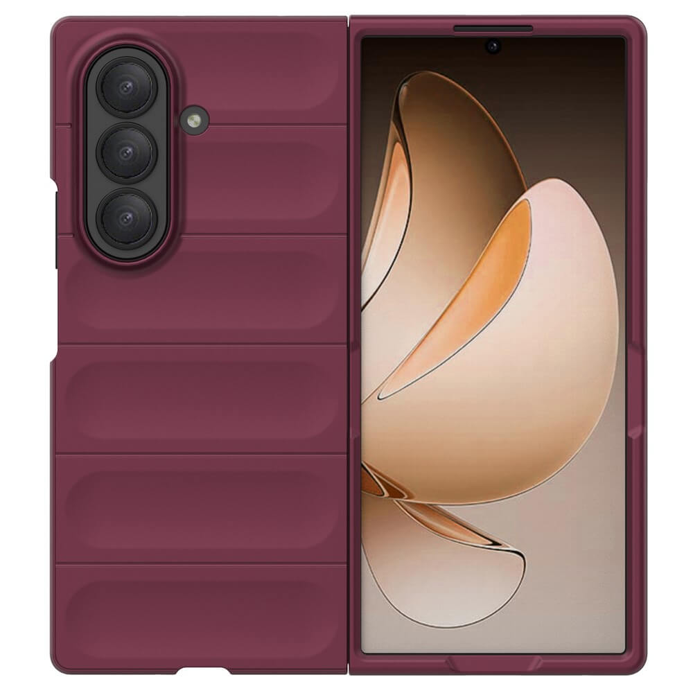 Die kastanienbraune Cover-Discount Galaxy Z Fold7 - Rugged Protective Hülle bietet maximalen Schutz für Ihr faltbares Smartphone mit drei rückwärtigen Kameras und einem Hintergrundbild mit Blumenmotiv - ideal für Stil und Sicherheit.