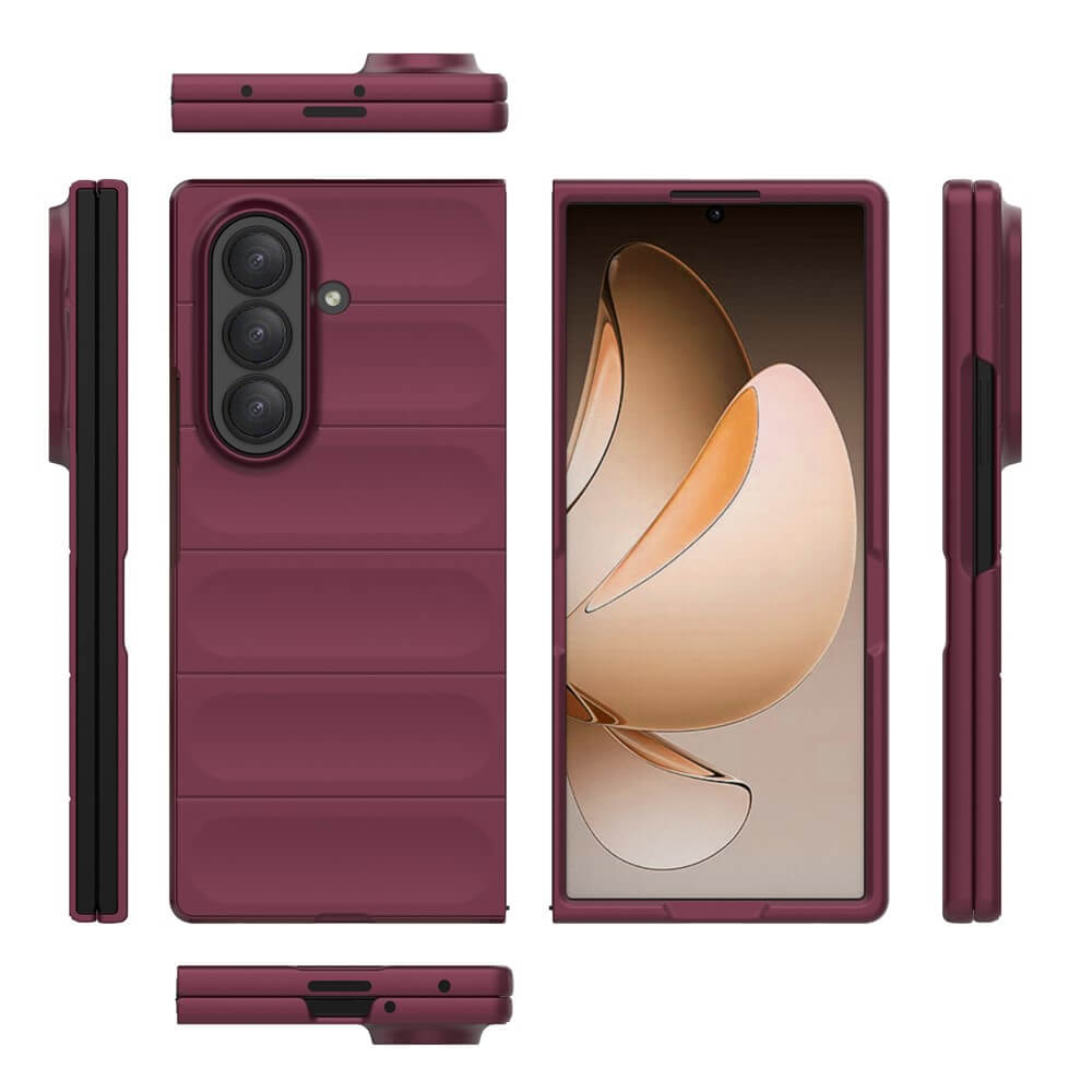 Cover-Discount Galaxy Z Fold7 - Robuste Schutzhülle in Burgundy aus mehreren Blickwinkeln mit dem Telefon im Inneren gezeigt, bietet maximalen Schutz für Ihr Gerät.