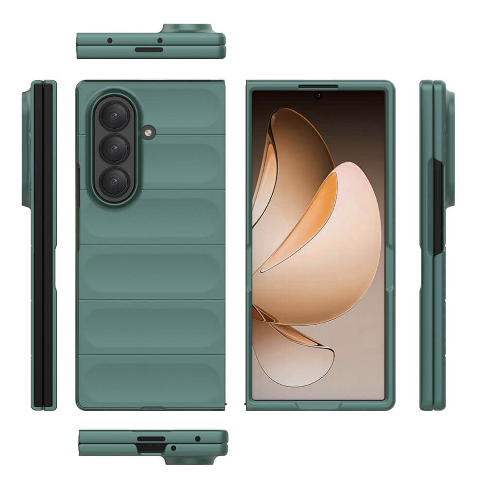 Cover-Discount Galaxy Z Fold7 - Robuste Schutzhülle in Grün aus verschiedenen Blickwinkeln gezeigt, wobei die Kamera, der Bildschirm und die strukturierte Rückseite hervorgehoben werden. Diese Hülle bietet maximalen Schutz und ein stilvolles Design für Ihr Gerät.