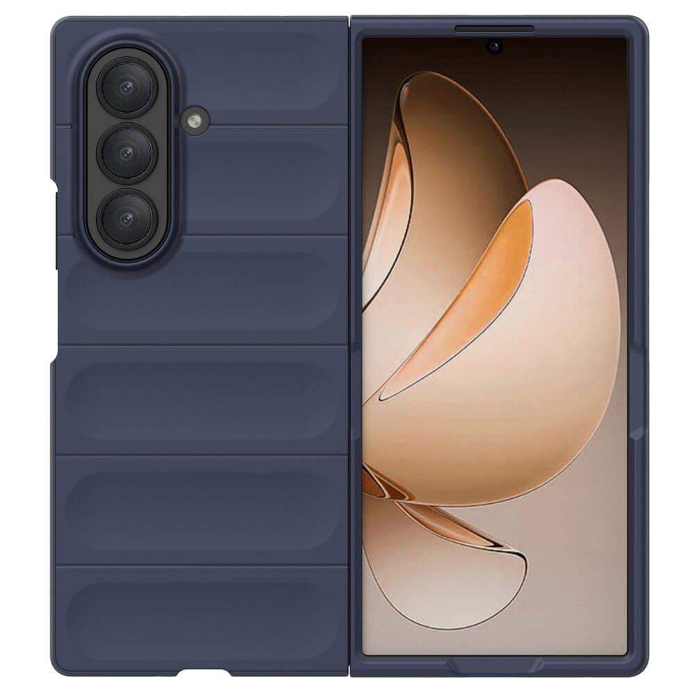 Das Galaxy Z Fold7 in einer dunkelblauen Cover-Discount Rugged Protective Hülle zeigt ein beigefarbenes abstraktes Blumendesign auf dem Bildschirm für maximalen Schutz.