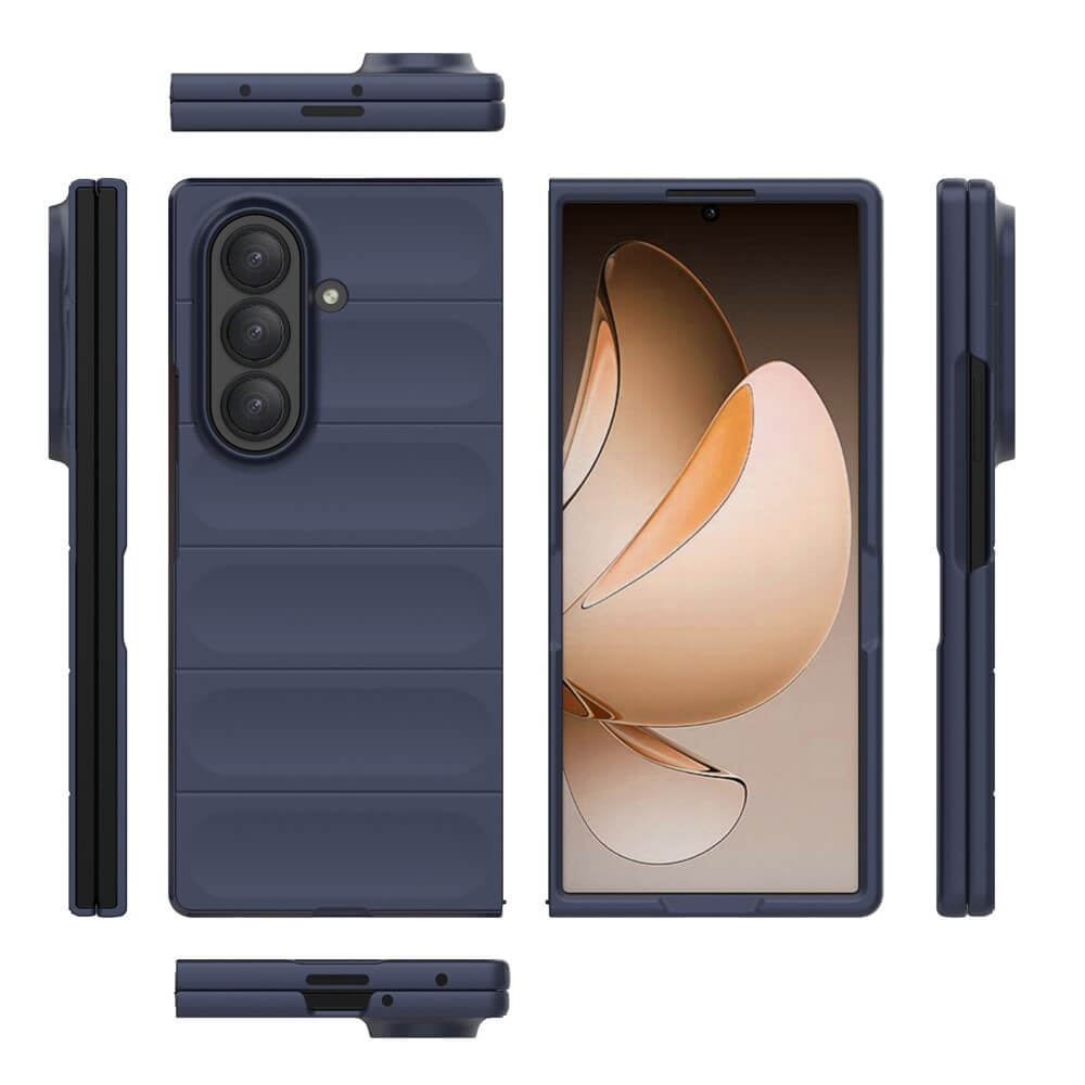 Die Cover-Discount Galaxy Z Fold7 - Rugged Protective Hülle in marineblau wird aus verschiedenen Blickwinkeln mit einem Telefon im Inneren gezeigt und bietet maximalen Schutz als robuste Schutzhülle für Ihr Gerät.
