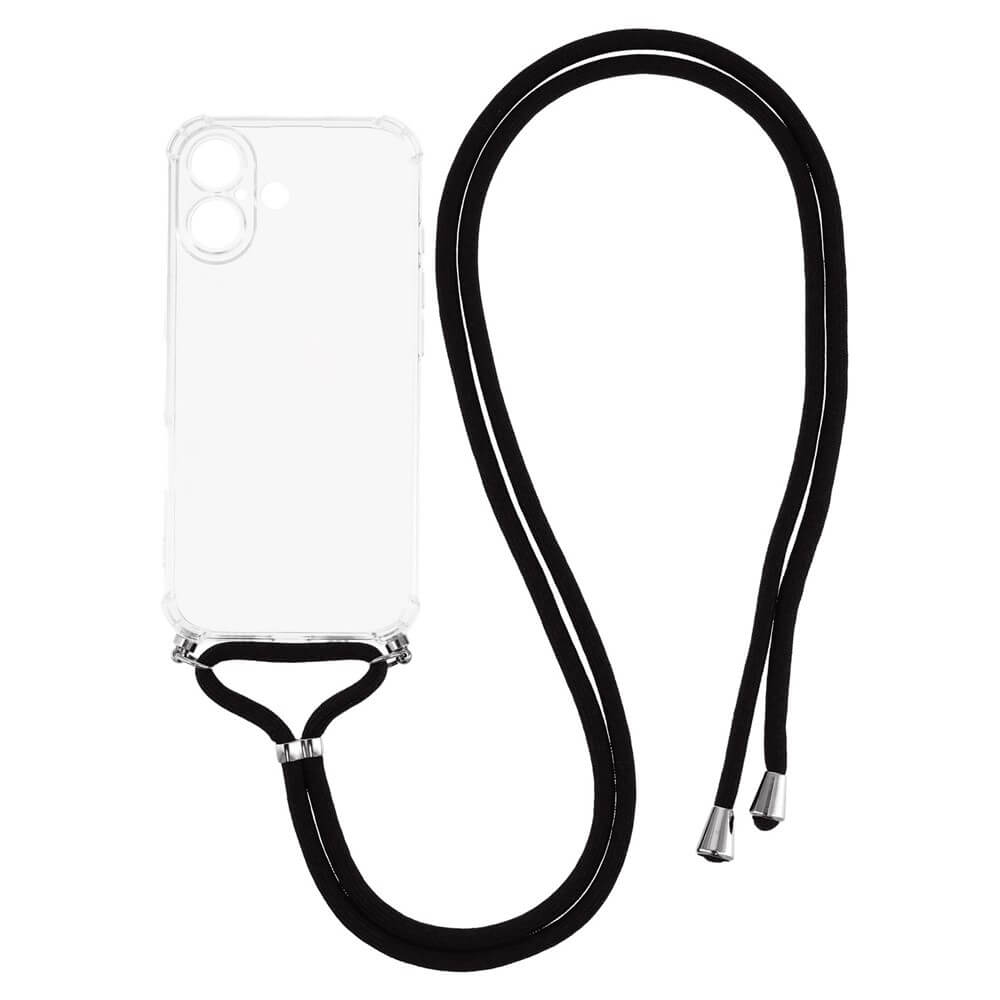 #farbe_transparent|Die iPhone 17 - Hülle mit Umhängeband von Cover-Discount ist eine transparente TPU Handyhülle mit langer schwarzer Handykette, auf weißem Hintergrund präsentiert.