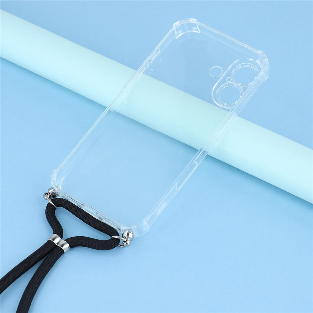 Die Cover-Discount iPhone 17 - Hülle mit Umhängeband ist in Clear TPU mit schwarzem Band auf hellblauem Hintergrund neben einem weißen Zylinder abgebildet.