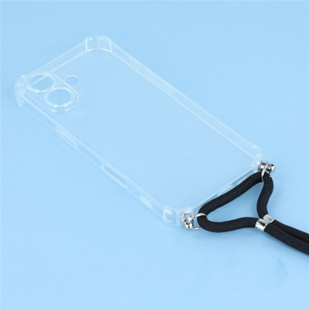 #farbe_transparent|Die Cover-Discount iPhone 17 - Hülle mit Umhängeband verfügt über eine durchsichtige TPU-Hülle mit schwarzem Band, abgebildet auf hellblau-stylish schützt Ihr Telefon und hält es immer griffbereit und zugänglich.