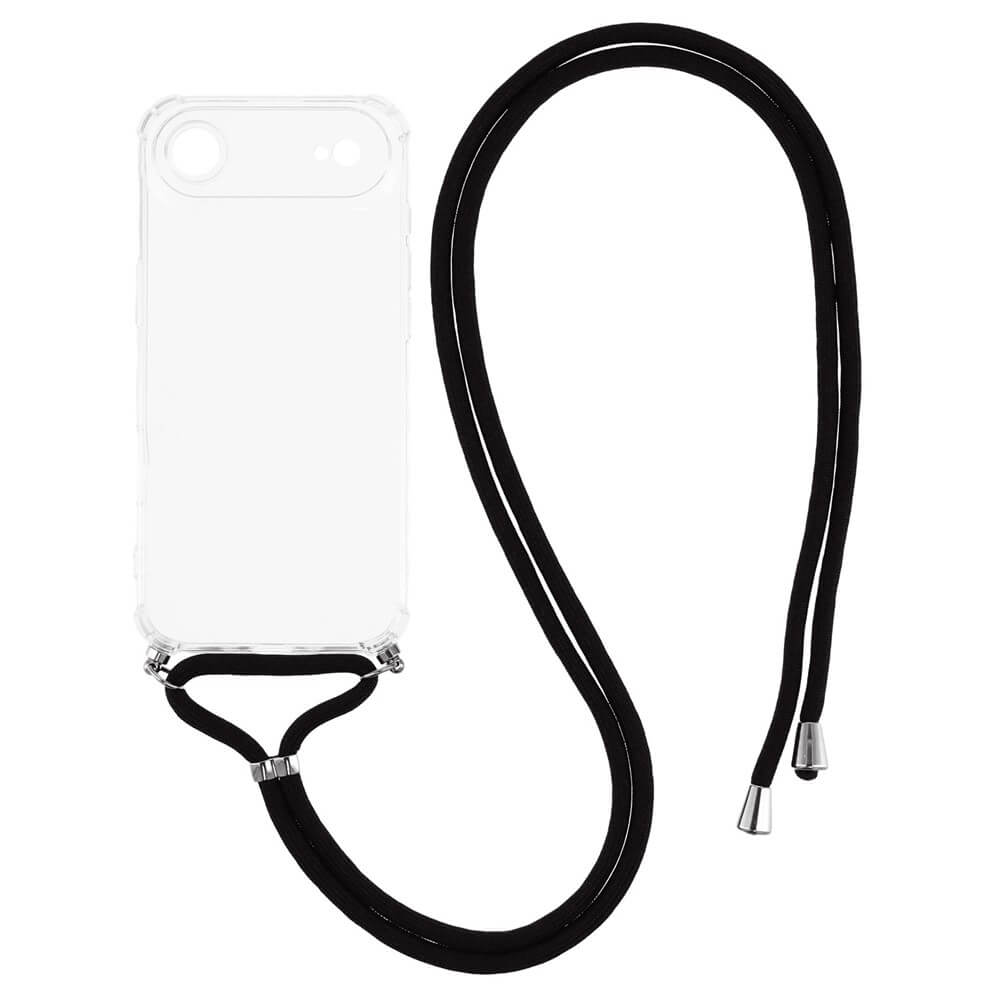 #farbe_transparent|Die Cover-Discount iPhone 17 Air - Hülle mit Umhängeband ist eine klare TPU-Hülle mit langem schwarzem Band, praktisch als Handykette zum Tragen Ihres iPhones um den Hals.