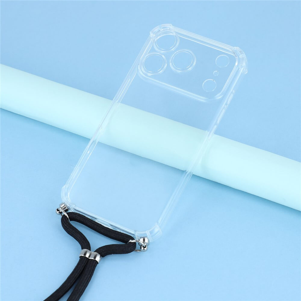#farbe_transparent|Die iPhone 17 Pro - Hülle mit Umhängeband von Cover-Discount wird auf einem hellblauen Hintergrund präsentiert und bietet optimalen Schutz sowie eine praktische schwarze Kordel.