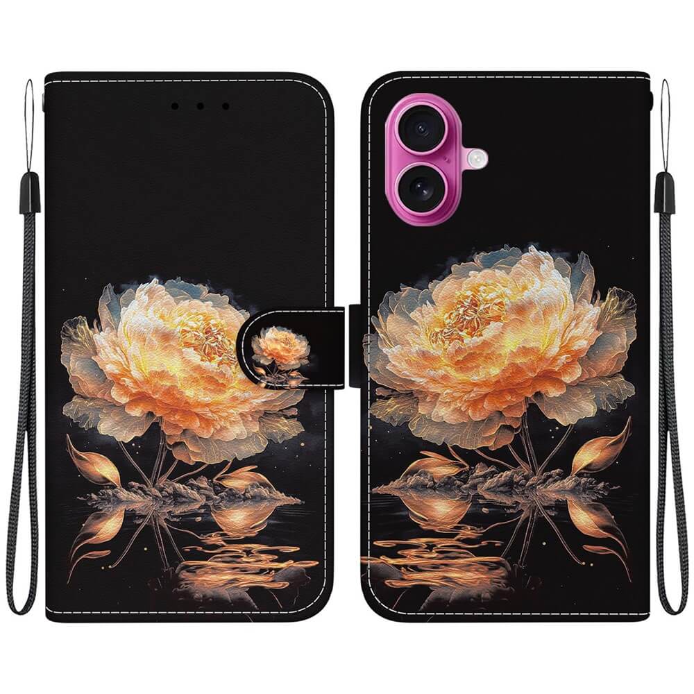 Cover-Discount iPhone 17 Hülle mit gelb-oranger Blume und deren Spiegelung, in schwarz, mit Handgelenkschlaufen auf beiden Seiten.