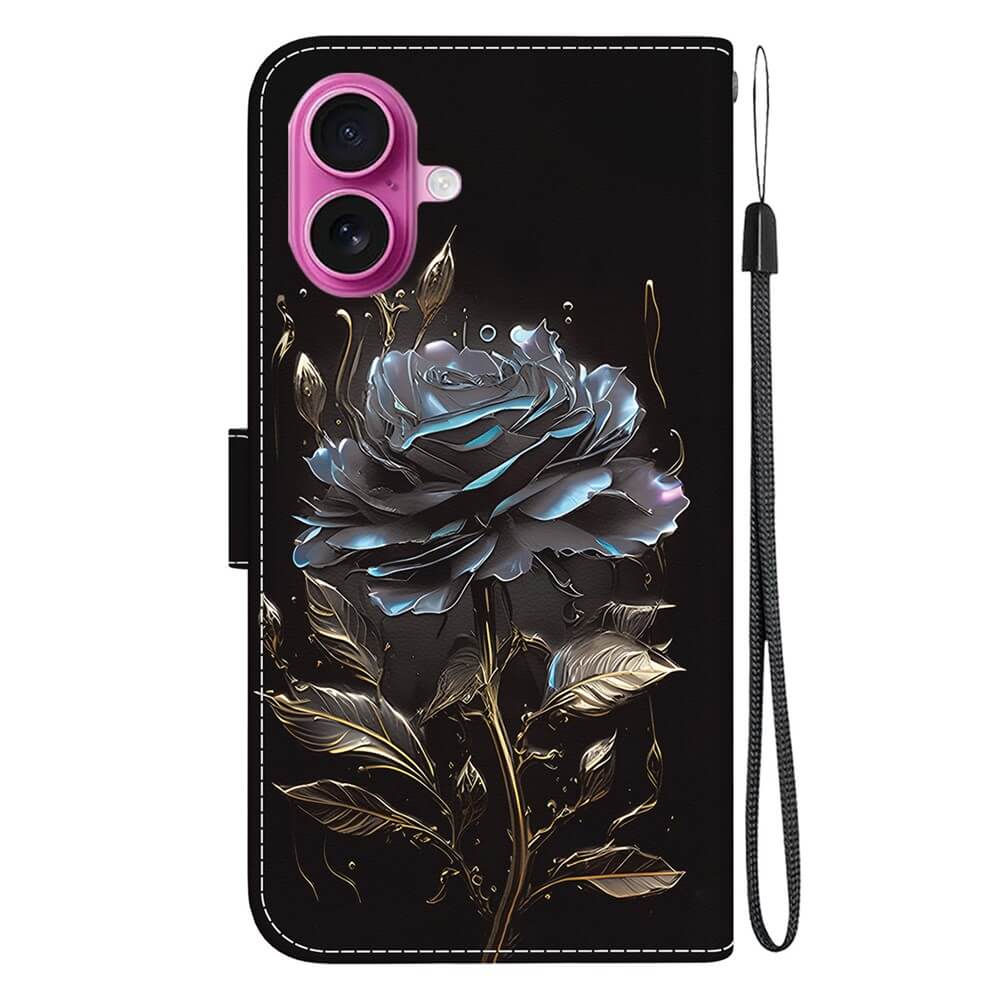 Cover-Discount iPhone 17 Tasche Hülle mit Blüten Motiv in Blau und Gold, mit Handgelenkschlaufe, zwei Kameraausschnitten und praktischem Wallet-Design für zusätzlichen Komfort.