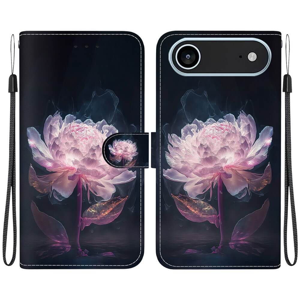 Die iPhone 17 Air - Tasche Hülle mit Blüten Motiv von Cover-Discount zeigt eine leuchtend pinke Pfingstrose auf dunklem Hintergrund und verbindet mit ihrem praktischen Kartenfach Stil und Funktion.