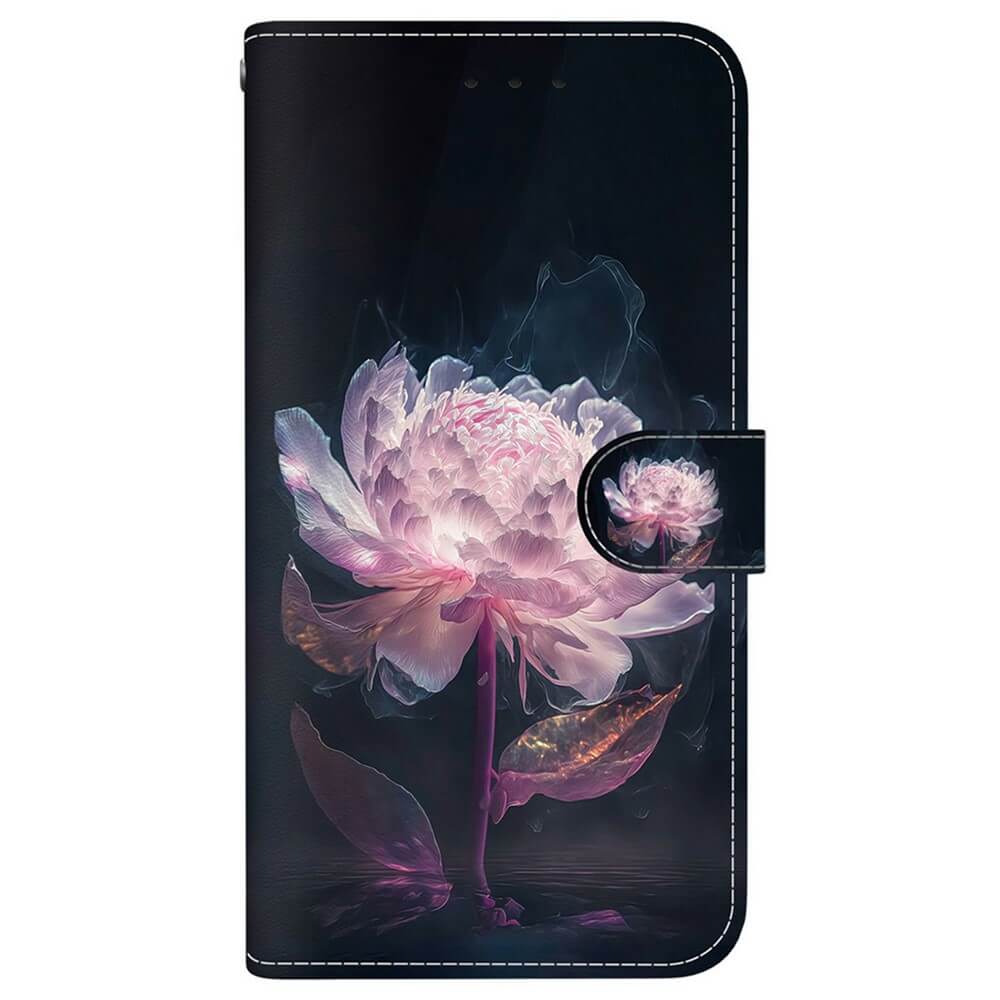 #farbe_floral-elegance|Die Cover-Discount iPhone 17 Air Tasche Hülle mit Blüten Motiv zeigt ein leuchtend pinkes Pfingstrosen-Design auf dunklem Hintergrund und verfügt über ein praktisches Kartenfach.