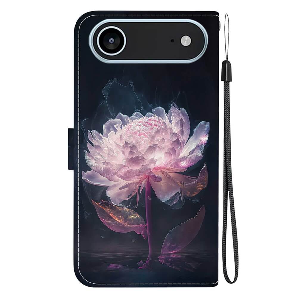 Die iPhone 17 Air - Tasche Hülle mit Blüten Motiv von Cover-Discount besticht durch pink-weißes Blumendesign auf dunklem Grund und praktischem Riemen - die stylische Handyhülle für dein iPhone.