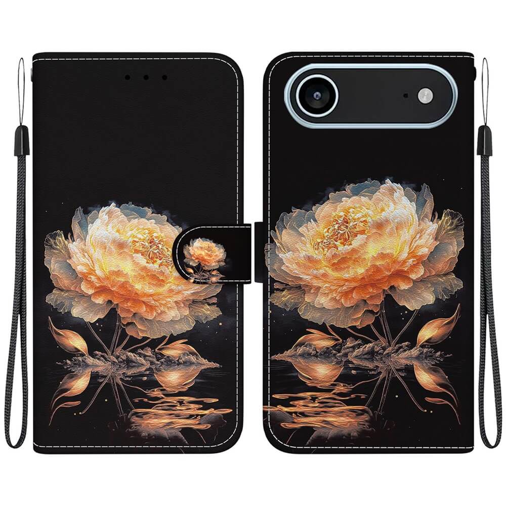 Die Cover-Discount iPhone 17 Air Tasche Hülle mit Blüten Motiv besticht durch ein elegantes schwarzes Design mit großen, detailreichen orangefarbenen Blüten und Spiegelung, Fokus auf Vorder- und Rückseite.