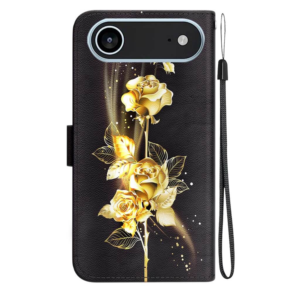 Die Cover-Discount iPhone 17 Air Tasche Hülle mit Blüten Motiv bietet eleganten Schutz mit schwarzem Design, goldenen Rosen und praktischem Handgelenkband.