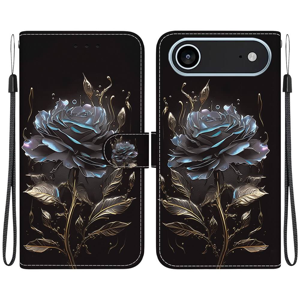 Die Cover-Discount iPhone 17 Air - Tasche Hülle mit Blüten Motiv bietet stilvollen Schutz dank schwarzem Design mit blau-goldener Rose, goldenen Blättern und Handgelenkschlaufen für Komfort.
