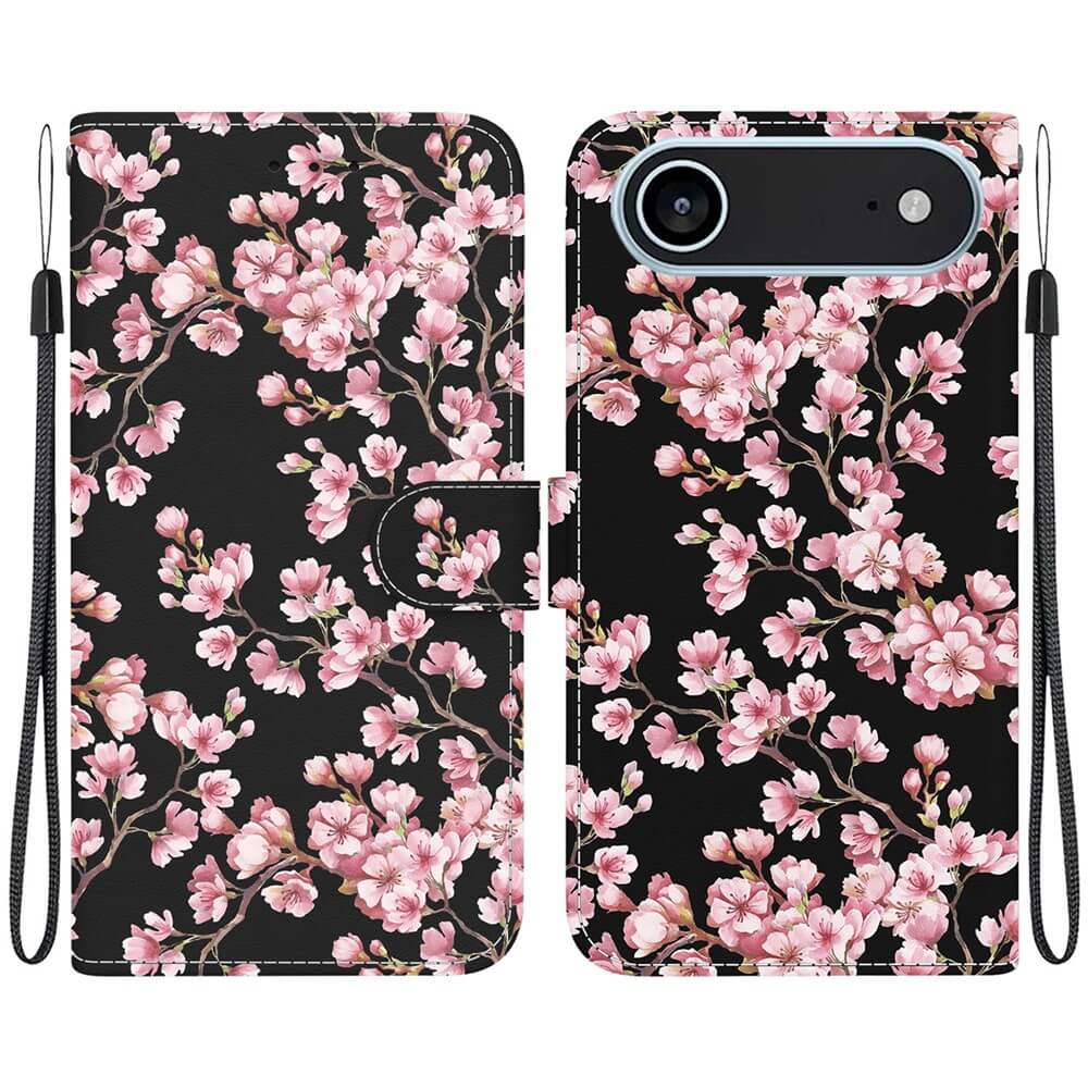 Cover-Discount iPhone 17 Air Tasche Hülle mit Blüten Motiv: Schwarze Handyhülle mit pinkem Kirschblütendesign, Vorder- und Rückansicht, inklusive praktischer Handgelenkschlaufe.