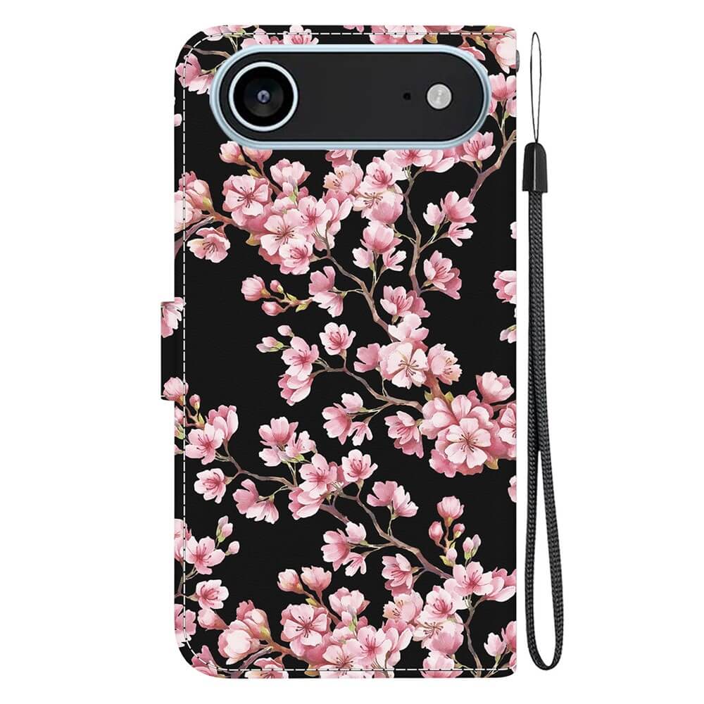 Die iPhone 17 Air - Tasche Hülle mit Blüten Motiv von Cover-Discount bietet stilvollen Schutz, pinke Kirschblüten auf schwarzem Hintergrund, praktisches Armband rechts und Kartenfach - elegant und funktional für dein Handy.