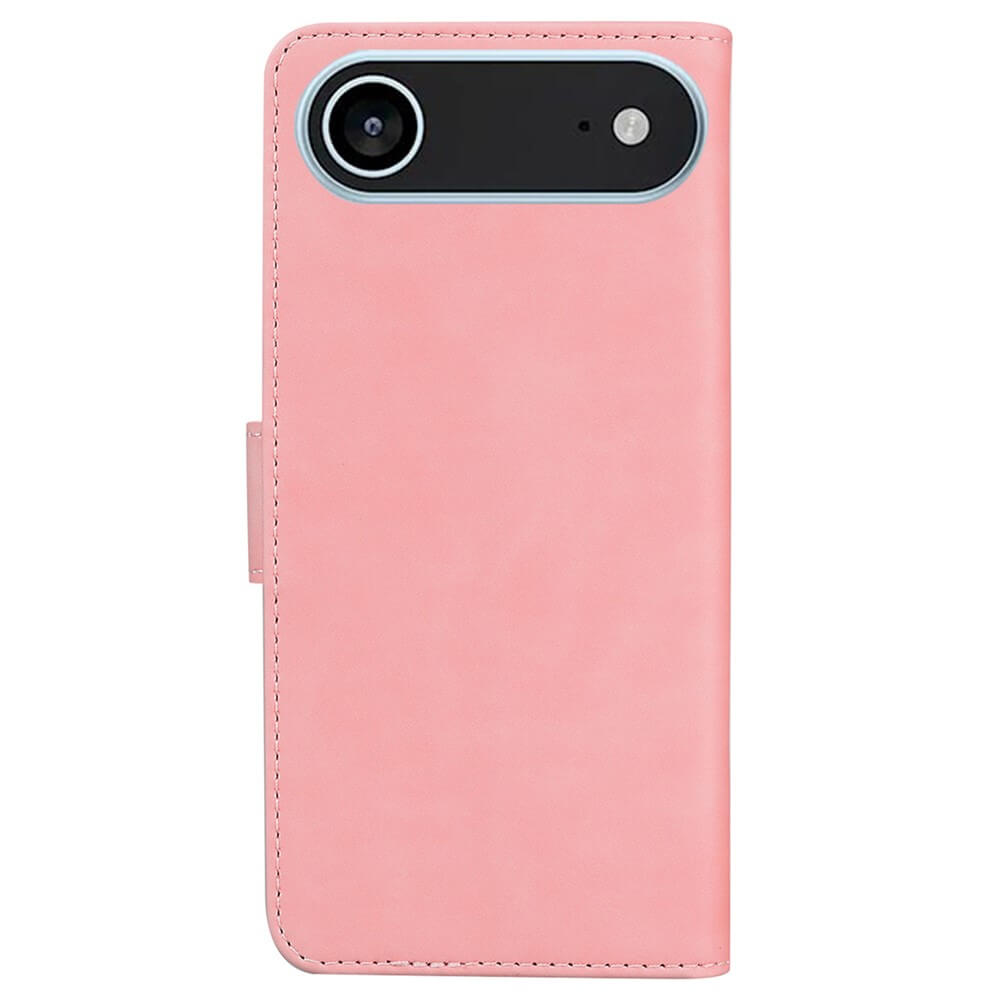 Das Cover-Discount iPhone 17 Air - Solide Leder Etui Hülle ist eine rosafarbene Smartphone-Hülle mit Kamera- und Blitzausschnitten auf der Rückseite.