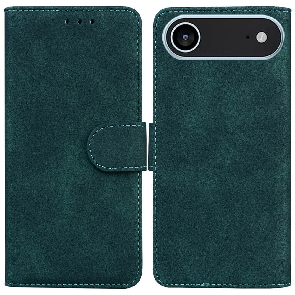 Die Cover-Discount iPhone 17 Air - Solide Leder Etui Hülle hat einen Magnetverschluss und einen Kartenschlitz sowie einen Kameraausschnitt für einfache Fotos. Abgebildet offen und geschlossen.