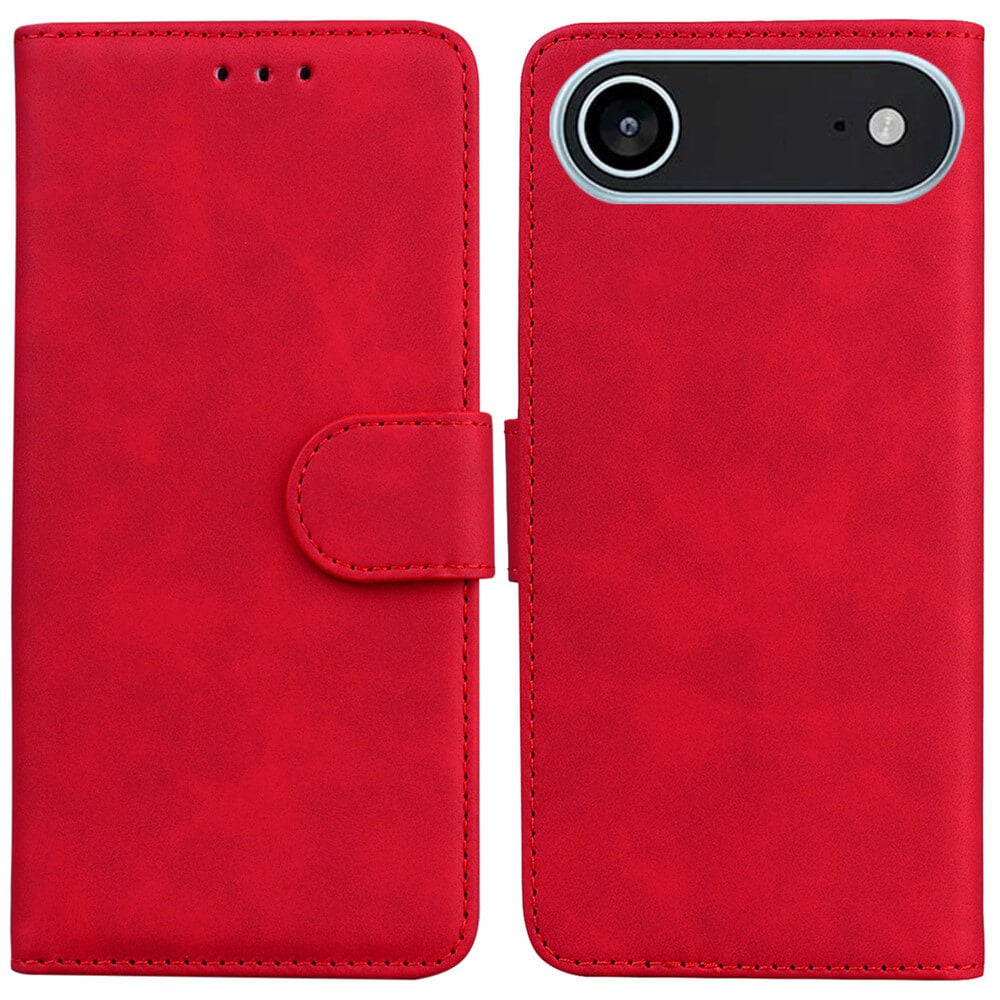 Geschlossene rote Solide Leder Etui Hülle von Cover-Discount für iPhone 17 Air, mit präzisen Kamera- und Tastenausschnitten auf der Rückseite.