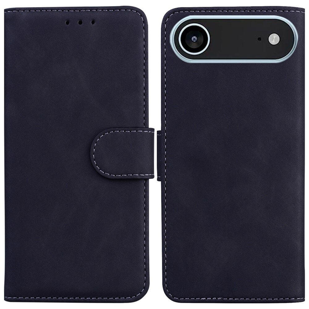 Die Cover-Discount iPhone 17 Air - Solide Leder Etui Hülle in marineblau mit weißen Nähten ist offen und geschlossen abgebildet.