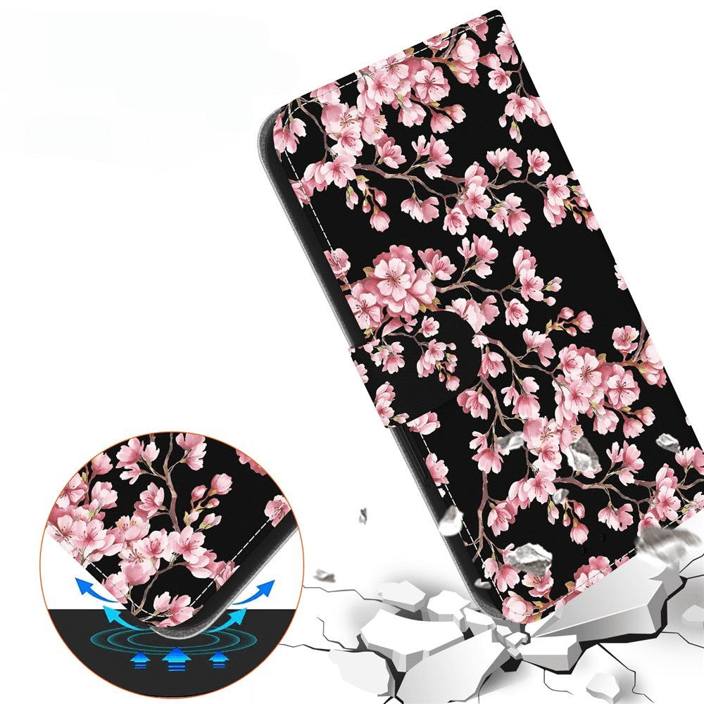 Die Cover-Discount iPhone 17 Pro - Tasche Hülle mit Blüten Motiv bietet robusten Schutz vor Stößen, zeigt ein pinkes Kirschblütendesign mit blauen Pfeilen und Rissen.