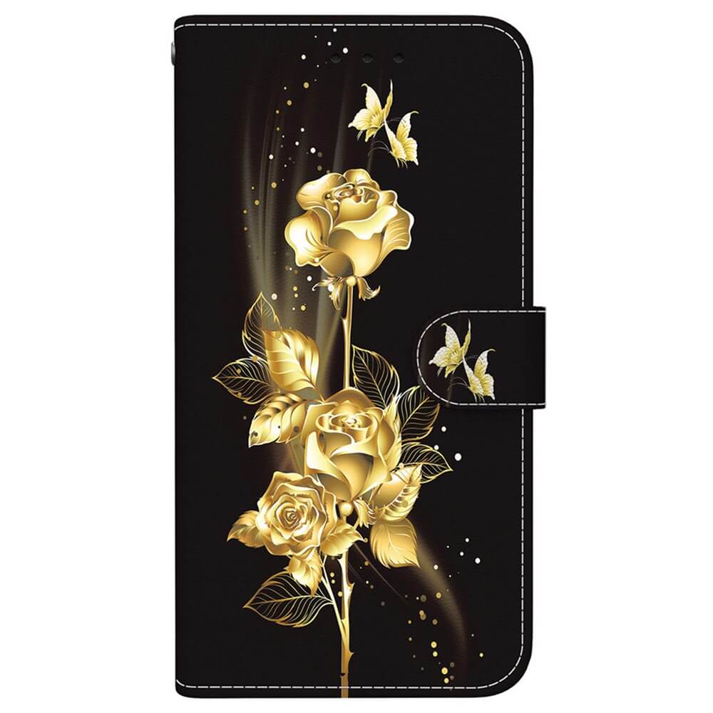 Die Cover-Discount iPhone 17 Pro - Tasche Hülle mit Blüten Motiv vereint goldene Rosen und schimmernde Schmetterlinge zu einer stilvollen Wallet-Hülle für einen besonderen Look.
