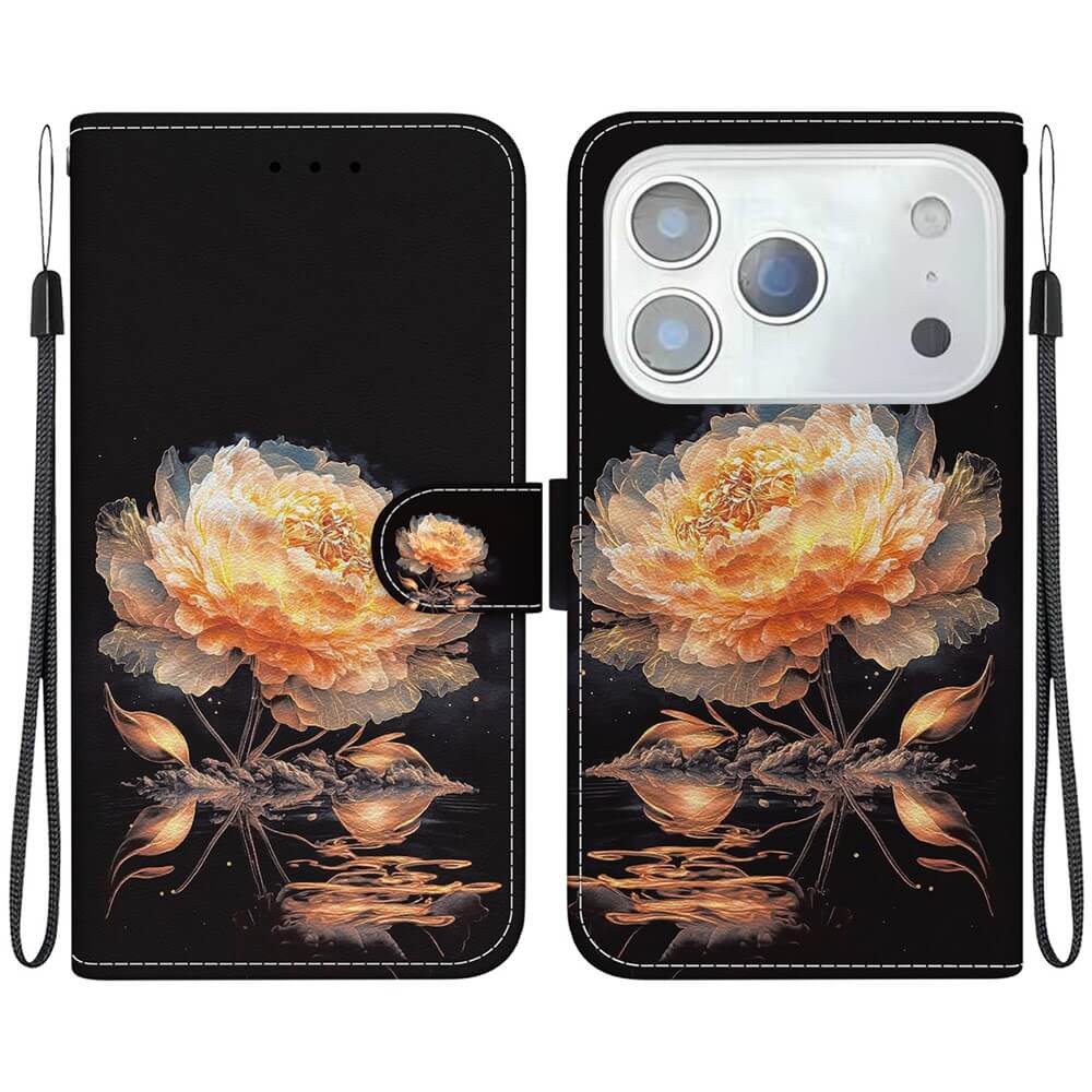 Schwarze iPhone 17 Pro Max Tasche Hülle mit Blüten Motiv von Cover-Discount, mit Kartenfach, Handgelenkriemen und großem orangefarbenem Blumendesign.