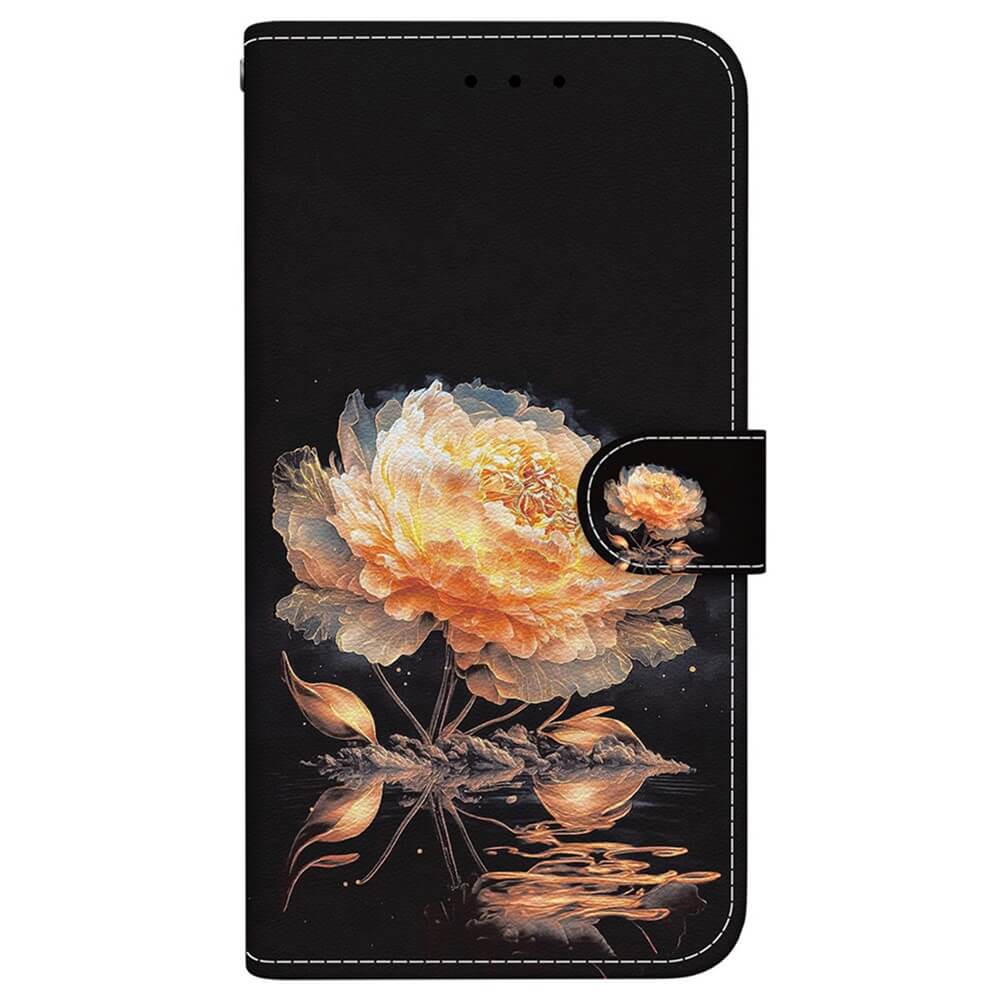 #farbe_golden-flower|Die iPhone 17 Pro Max Tasche Hülle mit Blüten Motiv von Cover-Discount zeigt eine große gelb-orange Blume, grüne Blätter und auffällige weiße Nähte auf schwarzem Hintergrund.