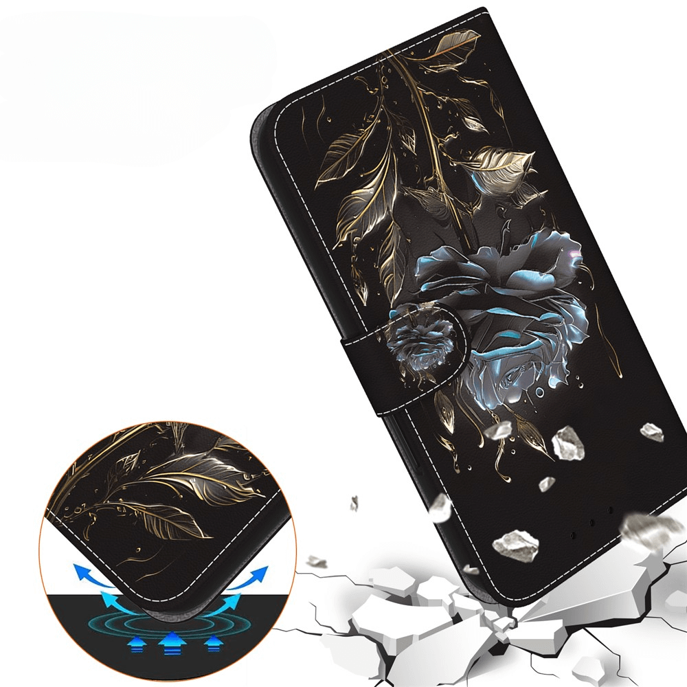 Die Cover-Discount iPhone 17 Pro Max Tasche Hülle mit Blüten Motiv bietet eleganten Schutz mit goldenen Blättern und blauer Blume sowie robusten Fallschutz beim Herunterfallen.