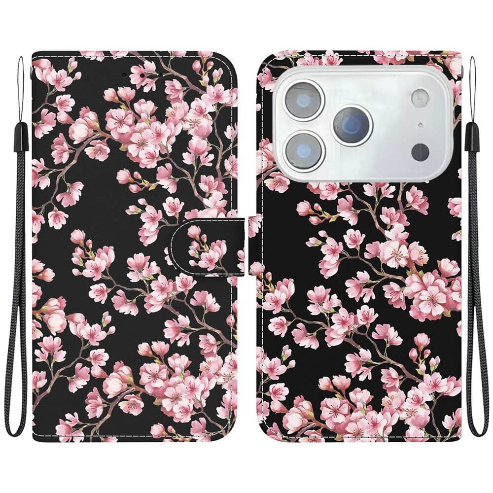 Die Cover-Discount iPhone 17 Pro Max - Tasche Hülle mit Blüten Motiv zeigt rosafarbene Kirschblüten auf schwarzer Vorder- und Rückseite, enthält Handgelenkschlaufen und ein Kartenfach für das Wesentliche.