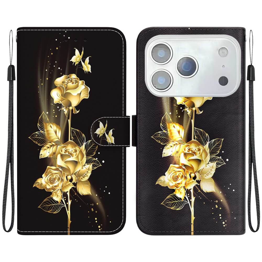 Die Cover-Discount iPhone 17 Pro Max - Tasche Hülle mit Blüten Motiv besteht aus einer schwarzen Hülle mit goldenen Rosen, Schmetterlingen, Blättern und zwei Handgelenkschlaufen. Kombiniert elegantes Blumendesign mit praktischem Stil.
