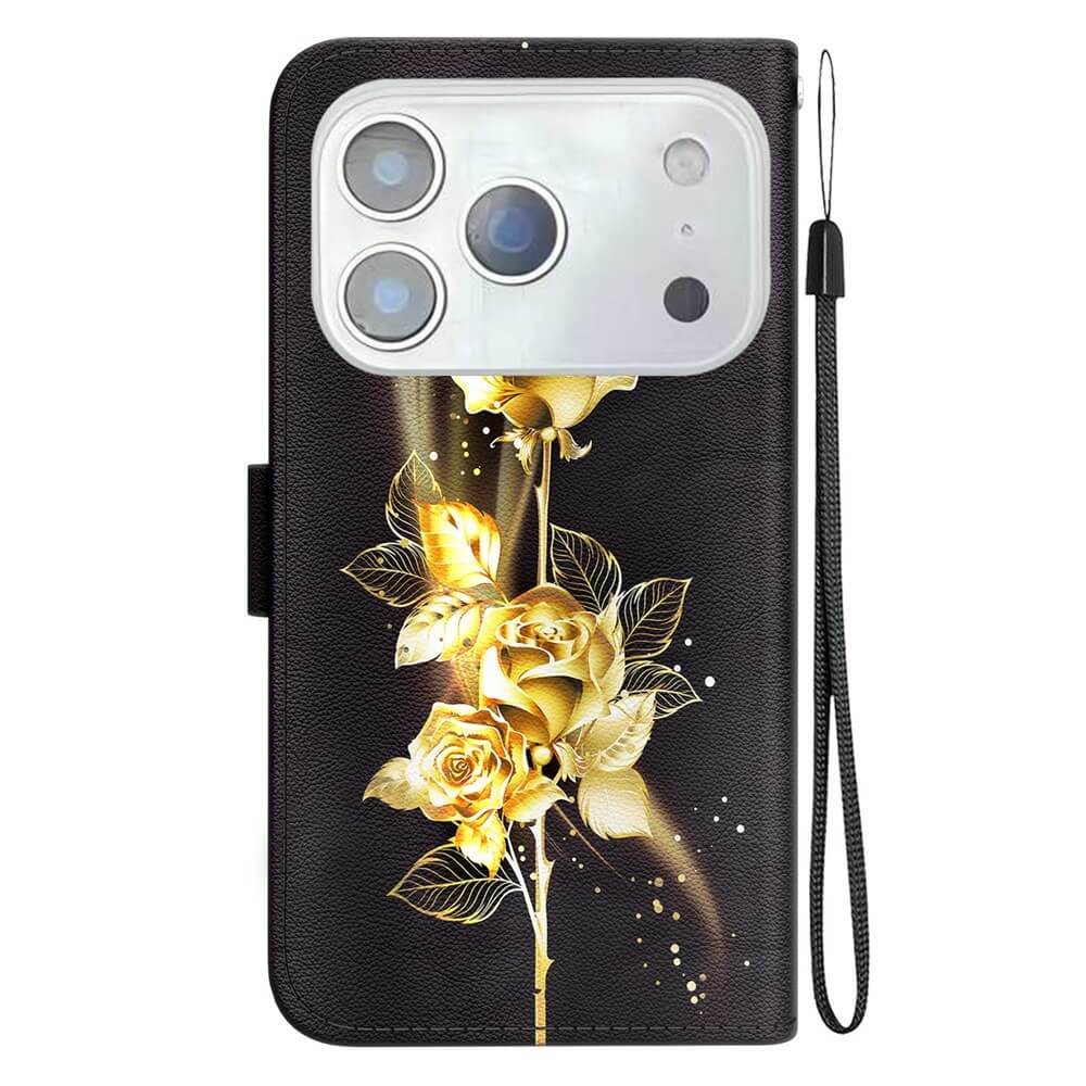 Die Cover-Discount iPhone 17 Pro Max Tasche Hülle mit Blüten Motiv, goldener Rose und Handgelenkriemen bietet eleganten Schutz und einen großen Kameraausschnitt für dein Smartphone.
