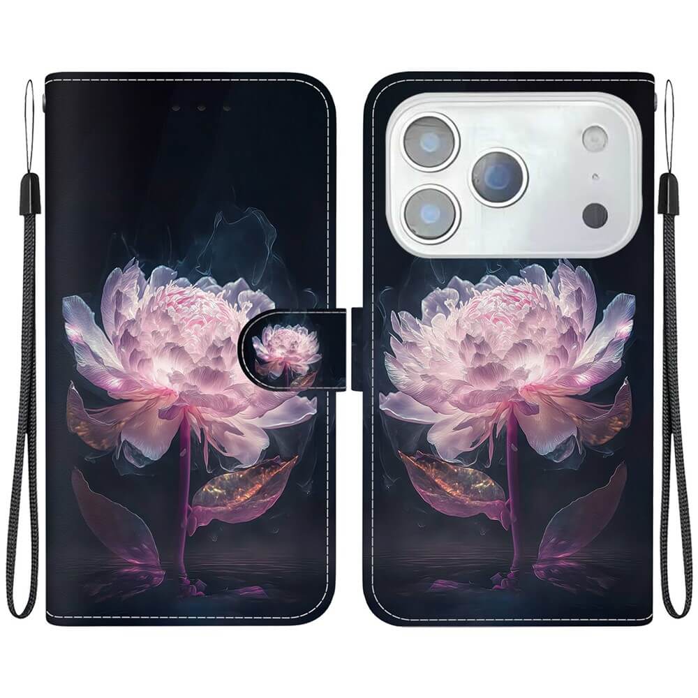 Die Cover-Discount iPhone 17 Pro Max - Tasche Hülle mit Blüten Motiv verfügt über ein rosa-weißes Blumendesign, eine Handschlaufe, einen Kameraausschnitt und ein praktisches Kartenfach für zusätzlichen Komfort.