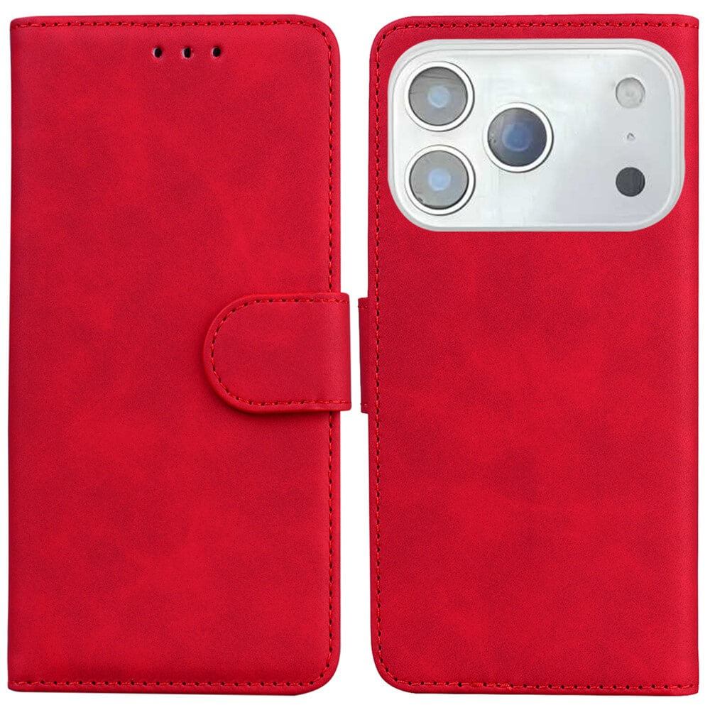 Die Cover-Discount iPhone 17 Pro Max - Solide Leder Etui Hülle in Rot verfügt über ein Kartenfach, links geschlossen und rechts offen mit sichtbarer Kameraaussparung.