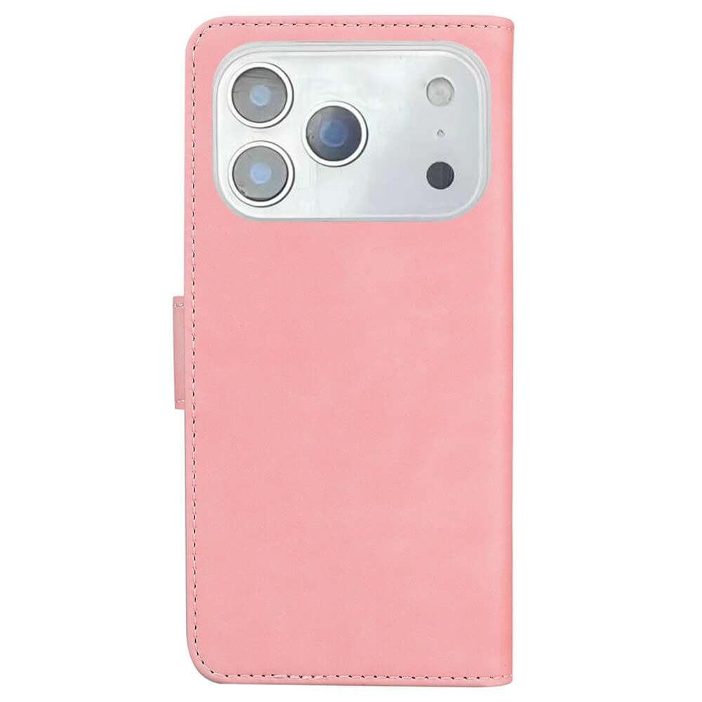 Die Cover-Discount iPhone 17 Pro Max - Solide Leder Etui Hülle in Pink verfügt über einen Kameraausschnitt und ein Kartenfach und vereint Stil und Funktion für Smartphones mit drei Rückkameras.