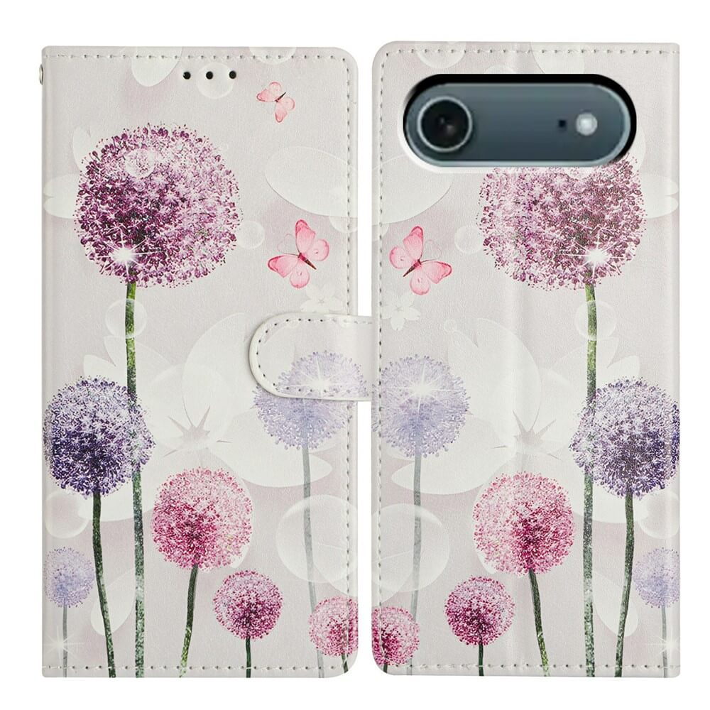 Die iPhone 17 Air - Tasche Hülle mit Blüten Motiv von Cover-Discount zeigt elegante lila Pusteblumen und pinke Schmetterlinge auf weißem Grund und verfügt über ein praktisches Kartenfach.