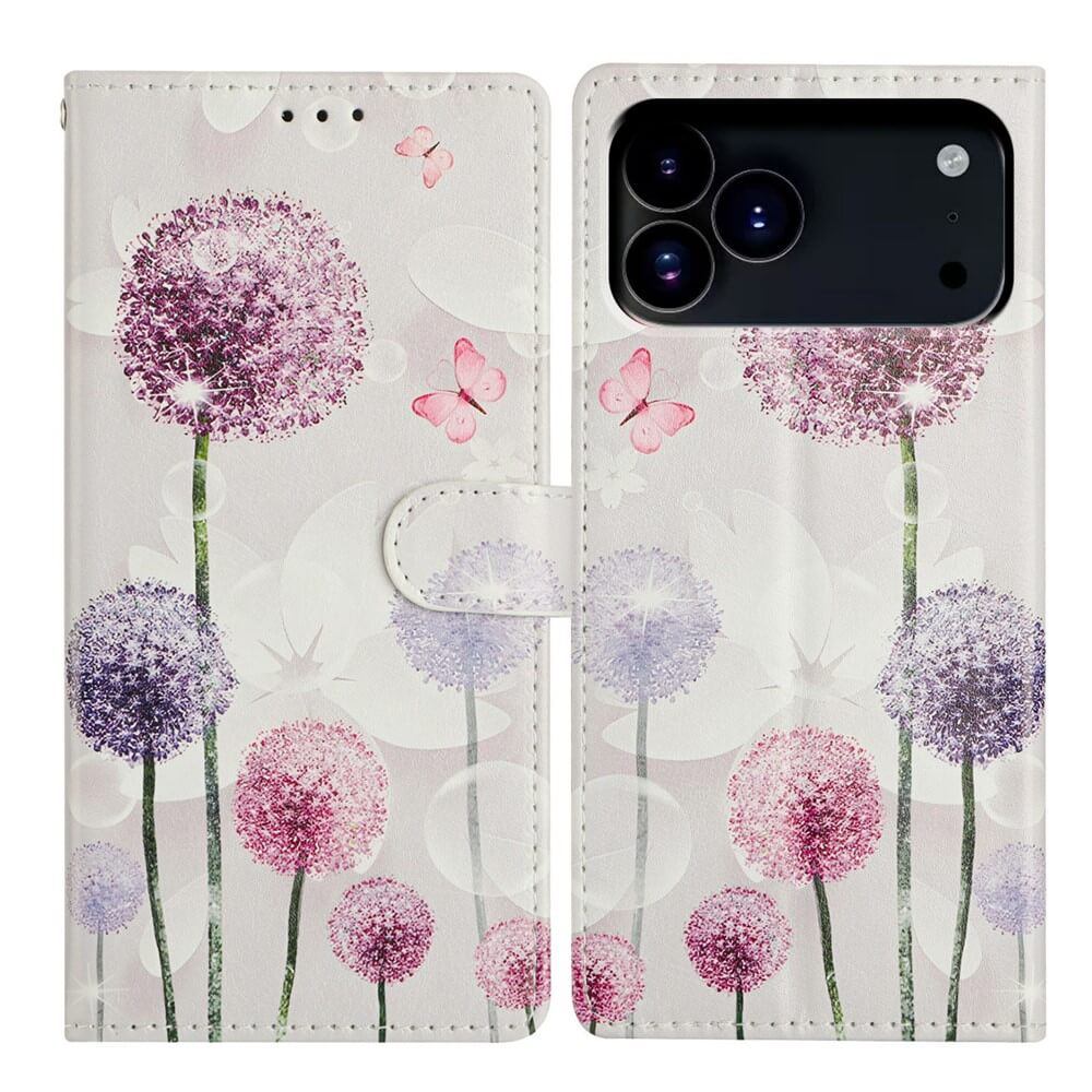 Die Cover-Discount iPhone 17 Pro Max - Tasche Hülle mit Blüten Motiv zeigt pink-lila Pusteblumen, grüne Stiele und rosa Schmetterlinge auf weißem Hintergrund.