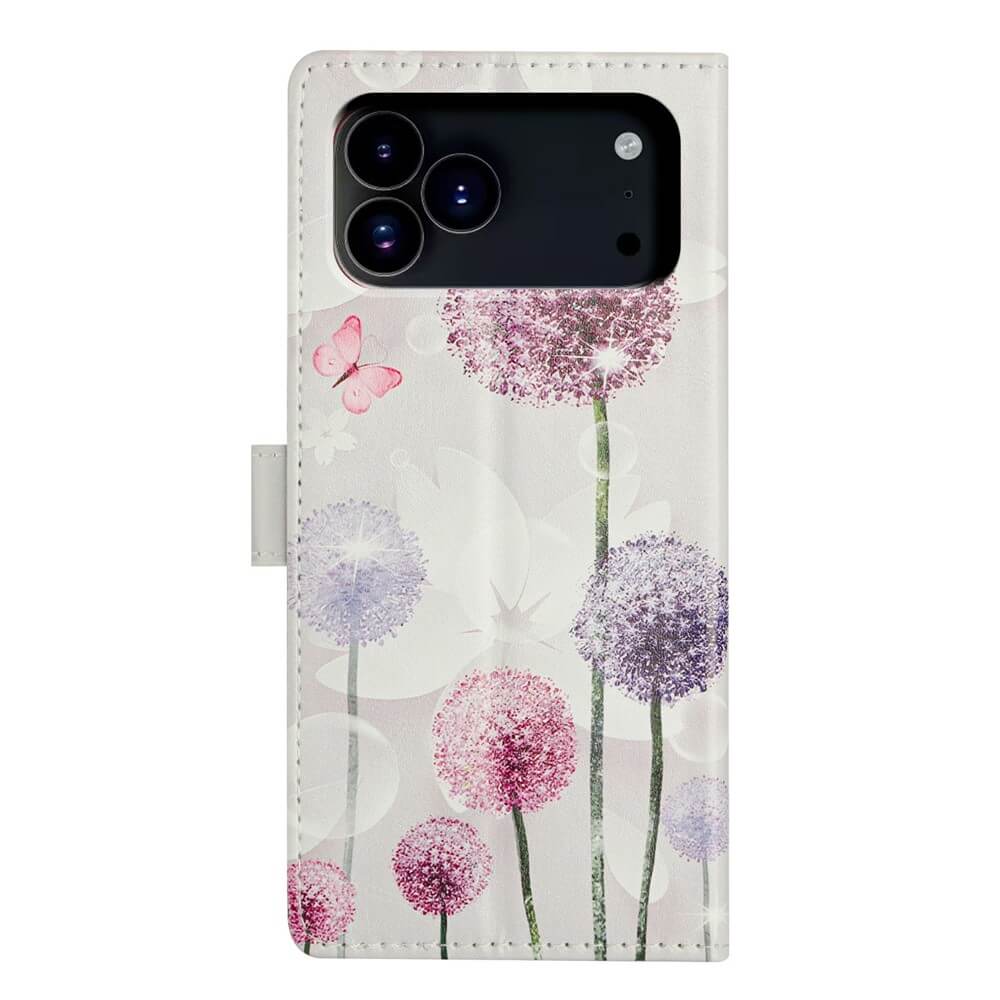 Die Cover-Discount iPhone 17 Pro Max - Tasche Hülle mit Blüten Motiv zeigt bunte Pusteblumen, einen rosa Schmetterling und ein charmantes Blumendesign für einen frischen, stilvollen Look.