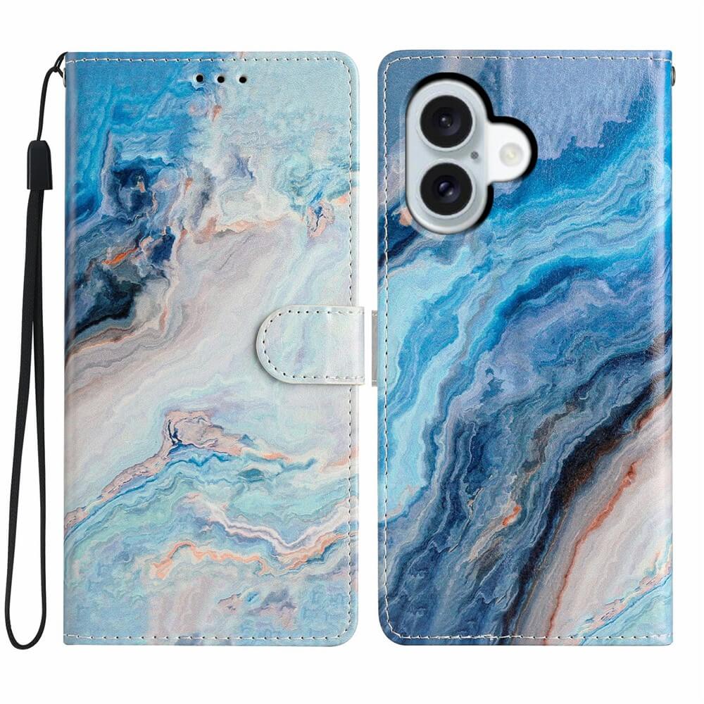 Das Cover-Discount iPhone 17 - Etui mit Marble Motiv bietet ein blau-weißes Marmor-Design, einen praktischen Tragegurt und eine passgenaue Kameraöffnung - stilvoller Schutz für jedes Abenteuer.