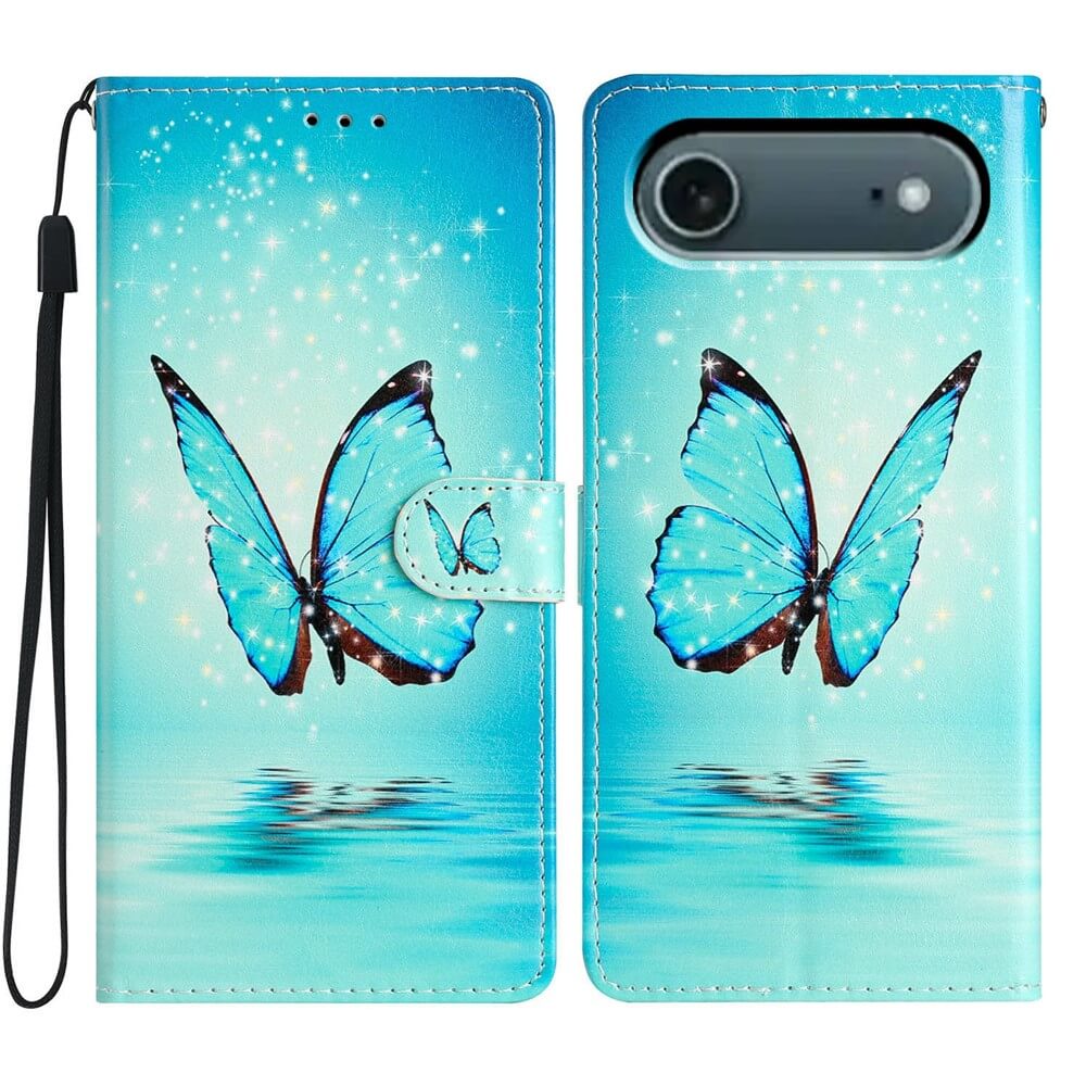 Die Cover-Discount iPhone 17 Air - Tasche Hülle mit Motiv zeigt zwei blaue Schmetterlinge und funkelnde Lichteffekte auf Wasser - stilvoller Schutz für dein Smartphone.