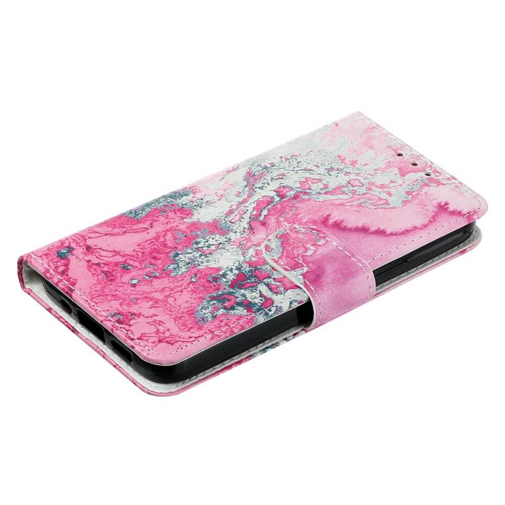 Das Cover-Discount iPhone 17 Air Etui mit Marble Motiv ist eine rosa und weiß marmorierte Brieftasche mit Magnetverschluss, die Stil und vollständigen Schutz des Smartphones vereint.