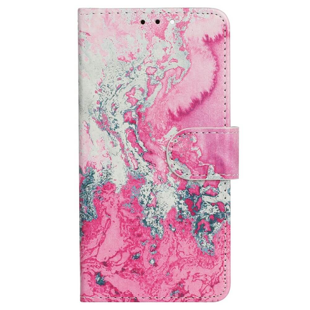 Das Cover-Discount iPhone 17 Air - Etui mit Marble Motiv bietet elegantes rosa-weißes Marmordesign, dekorative Wirbelmuster und einen Magnetverschluss für stilvollen Schutz Ihres Handys.