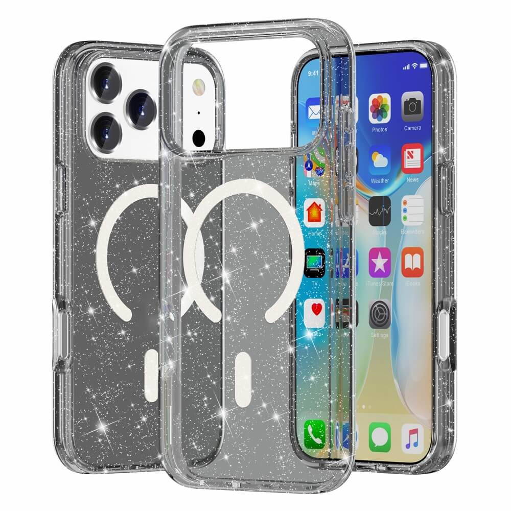 Drei Cover-Discount Glitzer Case mit MagSafe für iPhone 17 Pro Max sind abgebildet: eines zeigt die Rückseite, eines die Vorderseite und eines in einem Winkel.