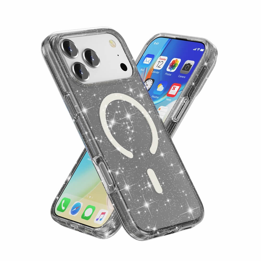Zwei Cover-Discount iPhone 17 Pro Max Glitzer Cases mit MagSafe und weißem Arc-Design, präsentiert auf Geräten mit bunten App-Symbolen.
