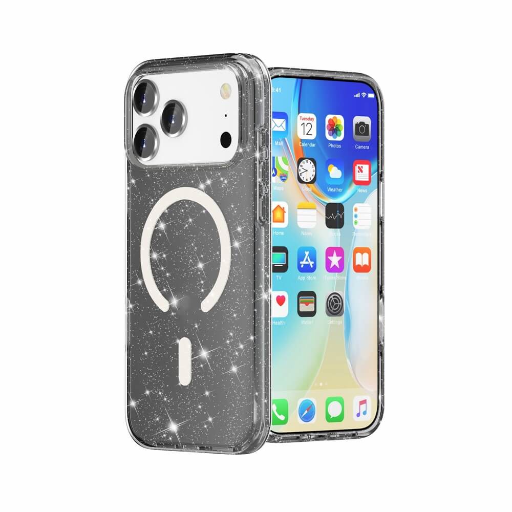 vvvvvvvvvvDas Cover-Discount iPhone 17 Pro Max Glitzer Case mit MagSafe ist ein transparentes, glitzerndes Case mit weißem Glühbirnen-Symbol, das für MagSafe-Kompatibilität entwickelt wurde.