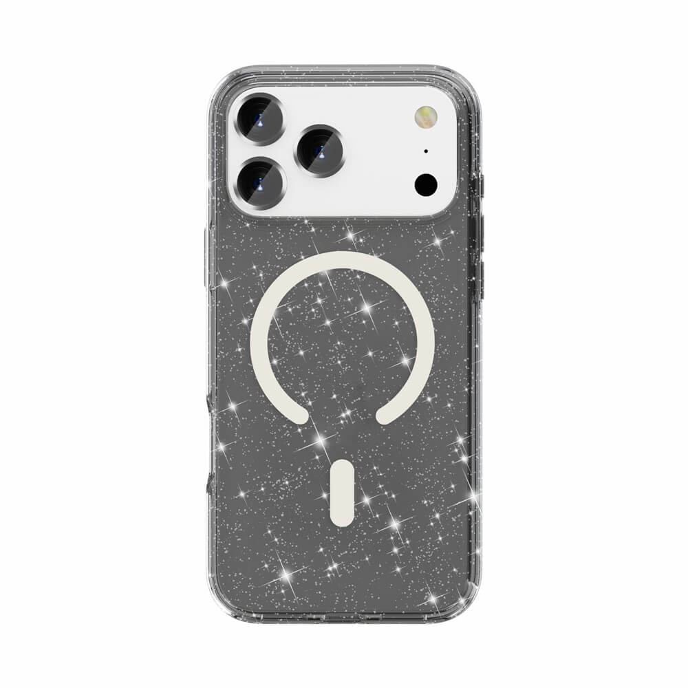 Das Cover-Discount iPhone 17 Pro Max Glitzer Case mit MagSafe verfügt über ein weißes Glühbirnen-Design auf schwarzem Hintergrund, das funkelt und einfaches Laden ermöglicht.