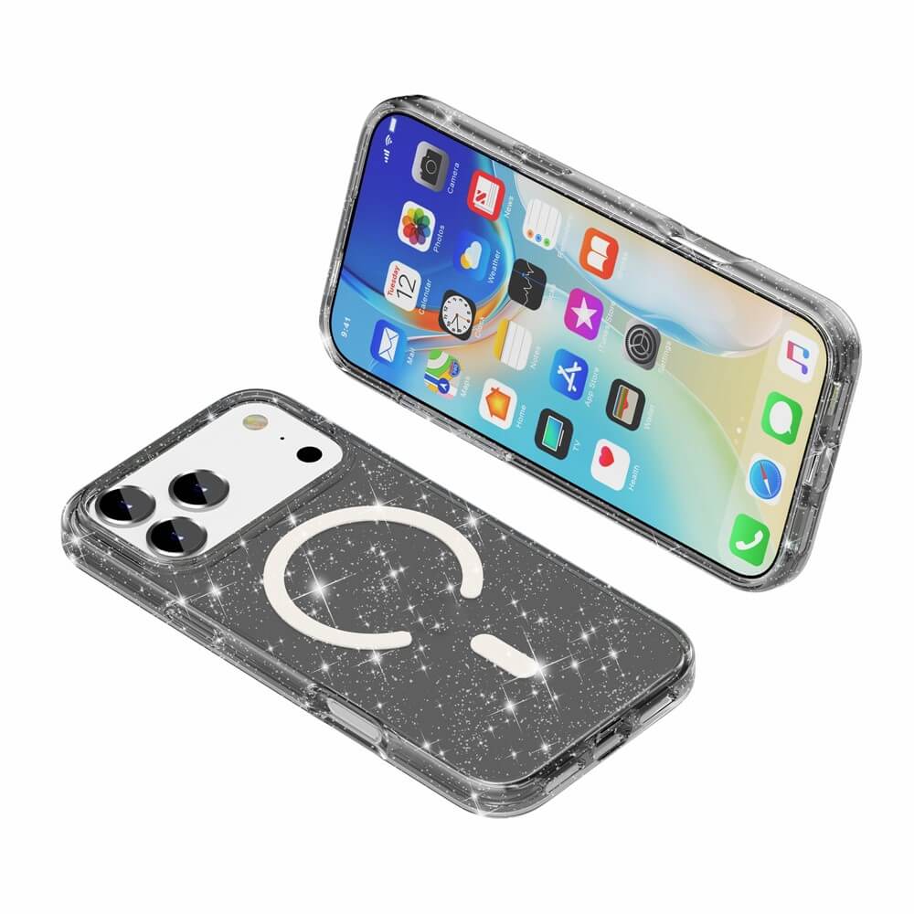 Zwei iPhone 17 Pro Max Geräte von Cover-Discount zeigen das funkelnde Glitzer Case mit MagSafe - einmal mit der Vorderseite nach oben und einmal mit der schimmernden, klaren Rückseite und Kamera.