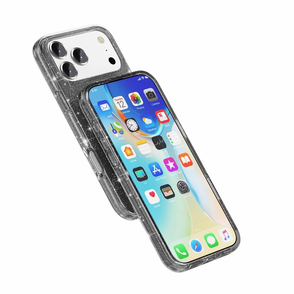 Das iPhone 17 Pro Max von Cover-Discount glänzt in einem Glitzer Case mit MagSafe, das sowohl das Display als auch die Rückkamera stilvoll zur Geltung bringt.