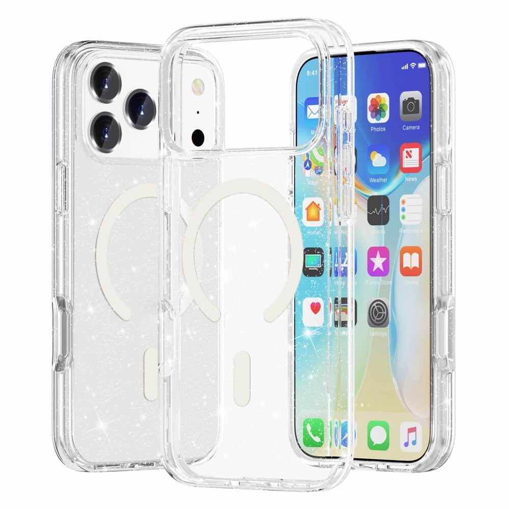 Das Cover-Discount iPhone 17 Pro Max - Glitzer Case mit MagSafe ist in klarem Glitzer, mit einem MagSafe-kompatiblen Ring, mit Vorder- und Rückansicht des Telefons dargestellt.