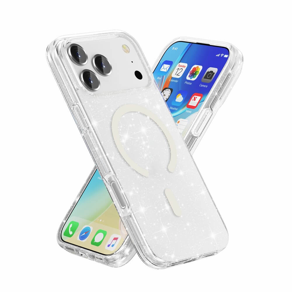 Zwei iPhone 17 Pro Max Smartphones im Cover-Discount Glitzer Case mit MagSafe, mit durchsichtigen Hüllen mit MagSafe-kompatibler Ring, Bildschirme mit lebendigen App-Symbolen.